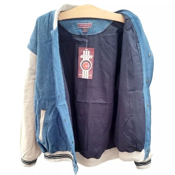 First Choice VTG 1990s Men's Premium Denim Varsity Bomber Jean Jacket Blue NWT - Picture 10 of 16